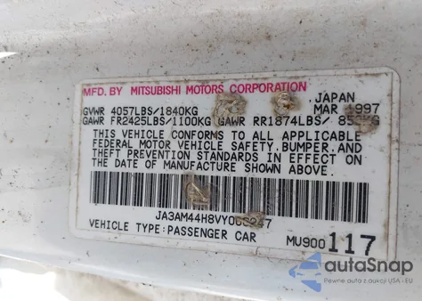 1997 Mitsubishi 3000 Gt z USA, uszkodzony, nr VIN JA3AM44H8VY006247